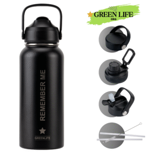 Greenlife Stainless Steel Water Bottle, Tripple Walls Insulated Wide Mouth, Vacuum Insulated, Leakproof Lid, 32 oz - Black